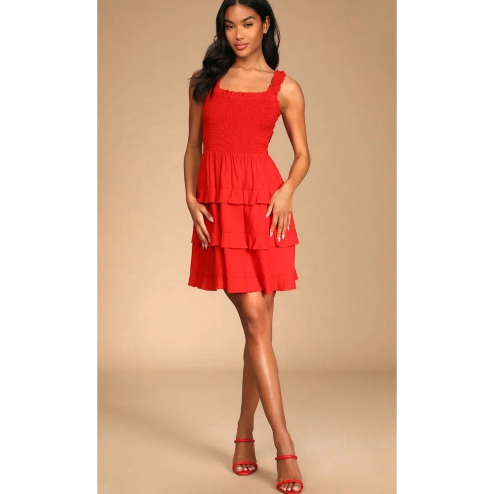 Lulu's | Super Sweet Red Smocked Ruffled Tie-Back Mini Dress NEW Size Medium